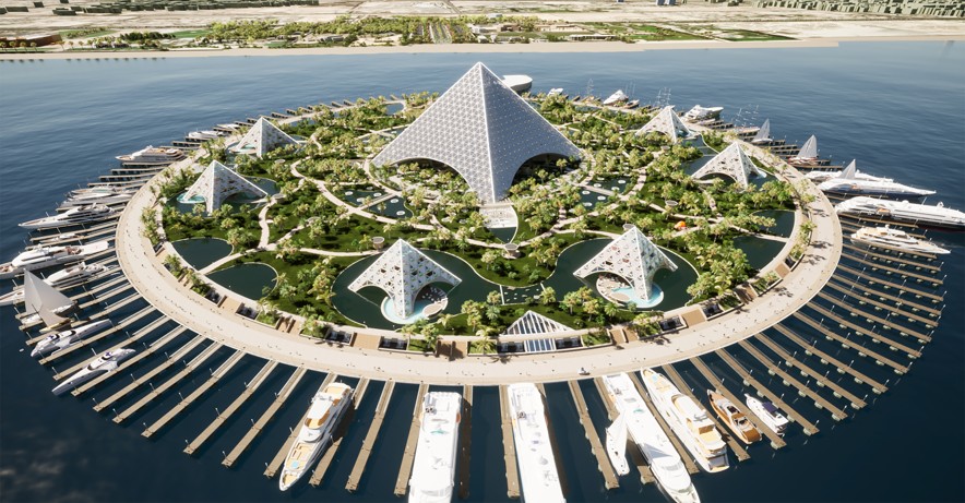 Aerial architectural view of the SEVENTH Dubai mixed-use waterfront development